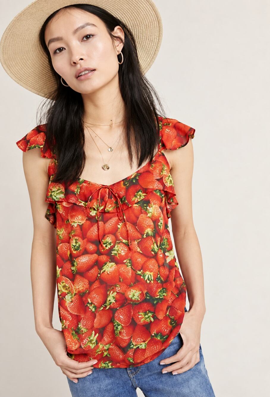 Anthropologie Strawberry Print Ruffle Tank Tomato Girl Size 10